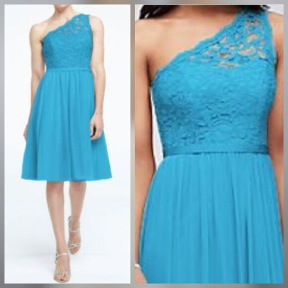 David's Bridal Short One Shoulder Lace Dress Marine Blue Prom Formal Bridesmaid - Picture 5 of 13